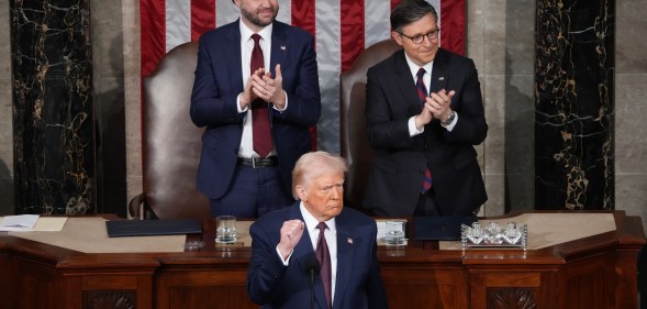 Vice President JD Vance and Speaker of the House Mike Johnson , and President Donald Trump.