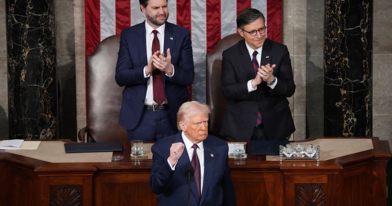 Vice President JD Vance and Speaker of the House Mike Johnson , and President Donald Trump.