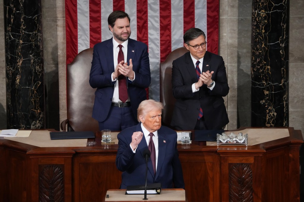 Vice President JD Vance and Speaker of the House Mike Johnson , and President Donald Trump.