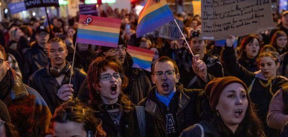 Demonstrators at a protest on March 18, 2025 in Budapest, Hungary against new anti-LGBTQ+ bill