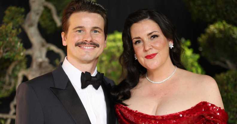 Jason Ritter and Melanie Lynskey at the 2025 Vanity Fair Oscar Party