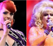 Left: Ana Matronic, Right: Heklina - both holding microphones