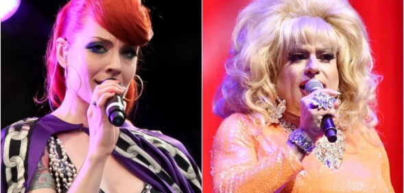 Left: Ana Matronic, Right: Heklina - both holding microphones