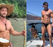 Composite image of Garrett Bruno, on the left he's wearing a straw hat and holding a coconut on a beach, on the right he's in a swimsuit standing on a boat. He's shirtless in both pictures