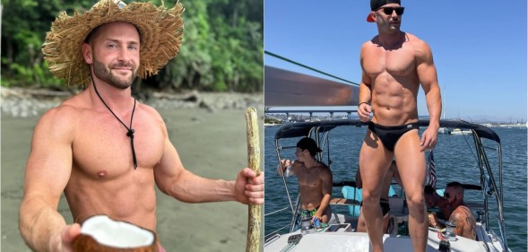 Composite image of Garrett Bruno, on the left he's wearing a straw hat and holding a coconut on a beach, on the right he's in a swimsuit standing on a boat. He's shirtless in both pictures