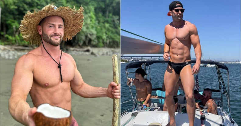 Composite image of Garrett Bruno, on the left he's wearing a straw hat and holding a coconut on a beach, on the right he's in a swimsuit standing on a boat. He's shirtless in both pictures