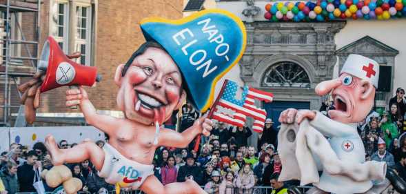 A carnival float mocks Elon Musk, the German party AfD and the US during the annual Rose Monday parade during carnival on 3 March, 2025 in Dusseldorf, Germany.