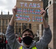 A person holds a sign reading "trans healthcare saves lives."