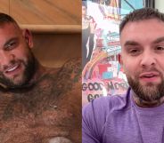 OnlyFans content creator Andy Lee poses shirtless in a bath (left) and speaks direct to camera while wearing a purple top (right).