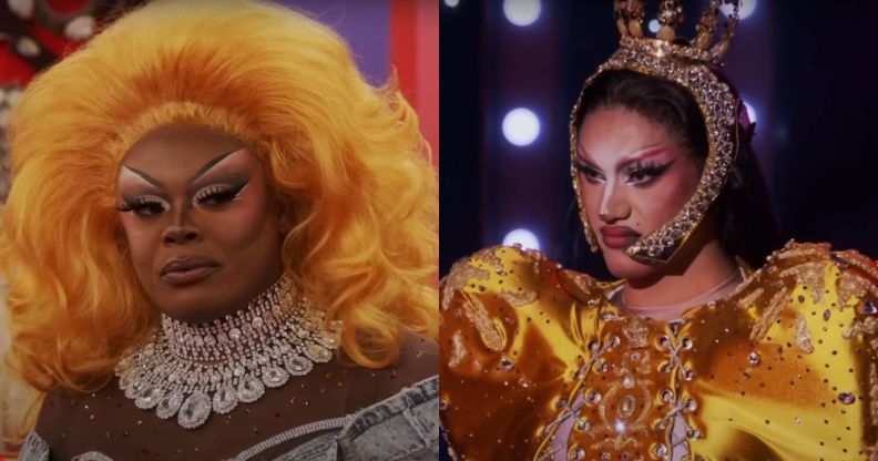 A split image of Onya Nurve in episode 11 of Drag Race and Arrietty on episode 10 of Drag Race.