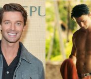 Patrick Schwarzenegger smiles on a red carpet (left) and appears topless in The White Lotus season three (right)