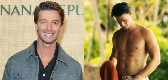 Patrick Schwarzenegger smiles on a red carpet (left) and appears topless in The White Lotus season three (right)