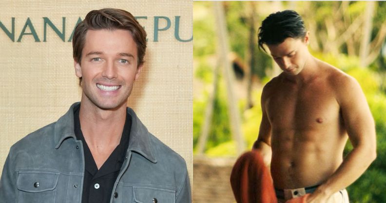 Patrick Schwarzenegger smiles on a red carpet (left) and appears topless in The White Lotus season three (right)