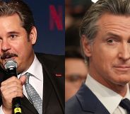 A split image of Paul F Tompkins and Gavin Newsom.