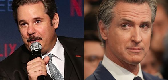 A split image of Paul F Tompkins and Gavin Newsom.