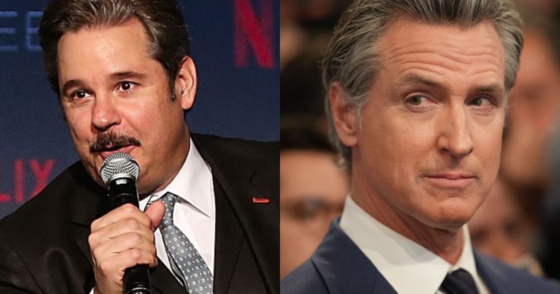 A split image of Paul F Tompkins and Gavin Newsom.