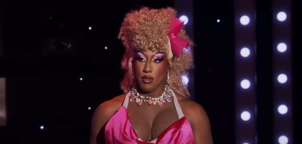 Kori King prepares to lip-sync in a handmade pink outfit on Drag Race season 17.