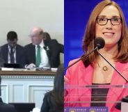 A split image of a House Committee and Sarah McBride.