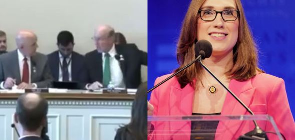 A split image of a House Committee and Sarah McBride.