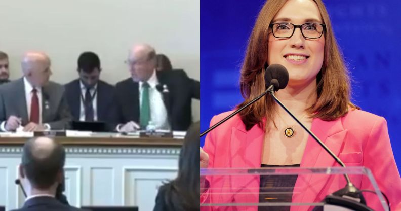 A split image of a House Committee and Sarah McBride.