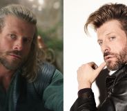 The Wheel of Time star Taylor Napier as Maksim (left) and posing against a white background (right).