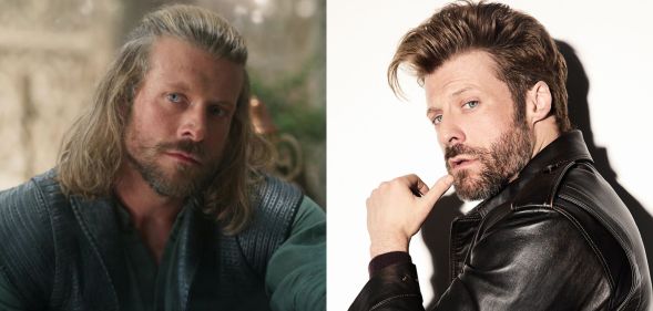 The Wheel of Time star Taylor Napier as Maksim (left) and posing against a white background (right).