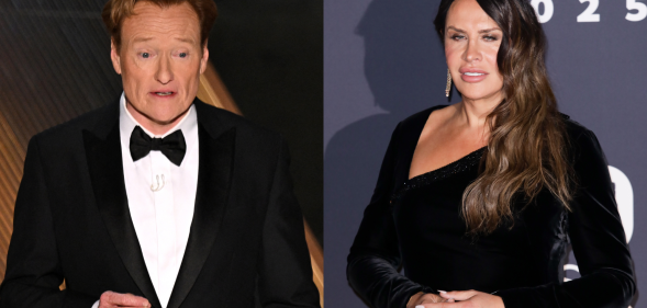 Split photo of Conan O'Brien and Karla Sofía Gascón