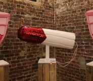 Interior shot of the Vagina Museum in London, with models of menstrual cups and a tampon