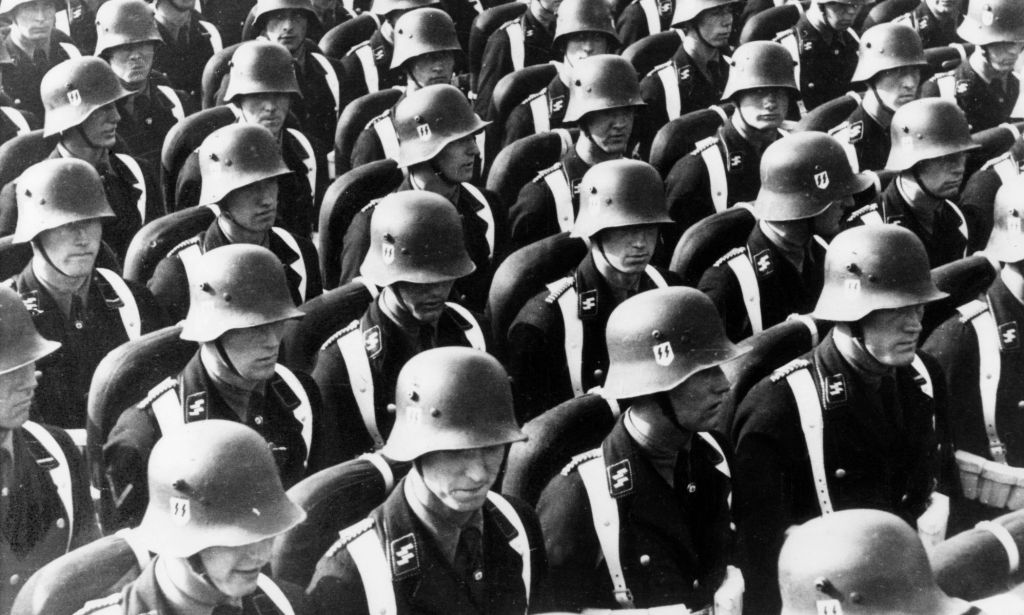 German SS soldiers lined up in Nuremburg, Germany.