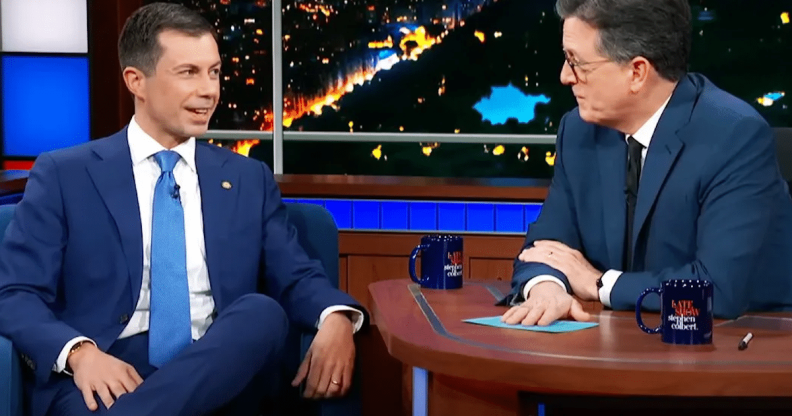 Pete Buttigieg speaking to Stephen Colbert