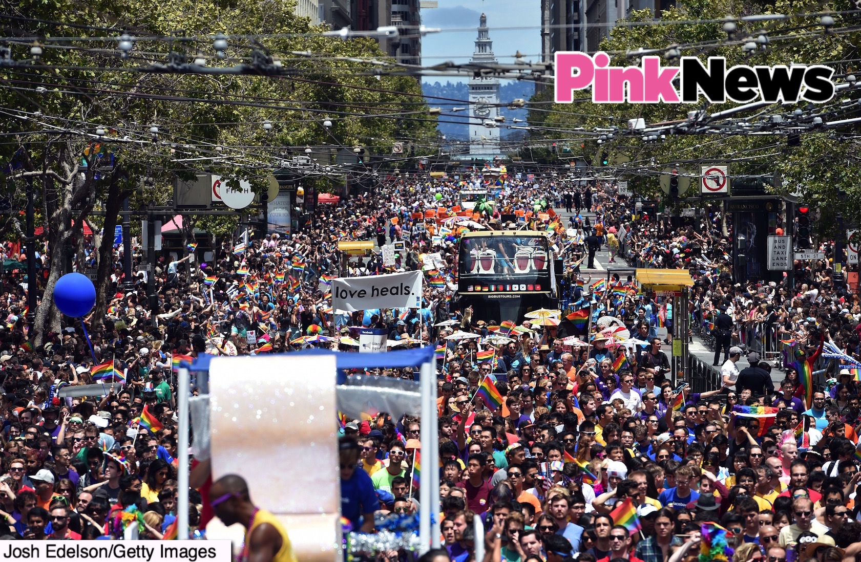 Thousands march along Market Street during the annual Gay Pride parade in San Francisco, California on June 28, 2015, two days after  the US Supreme Court's landmark ruling legalizing same-sex marriage nationwide.    AFP PHOTO / JOSH EDELSON        (Photo credit should read Josh Edelson/AFP/Getty Images)