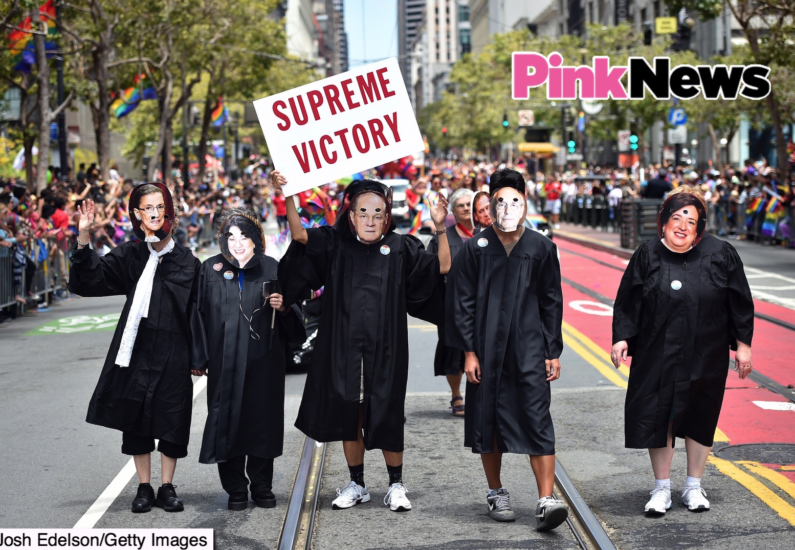 People dressed as United States Supreme Court Justices march along Market Street during the annual Gay Pride parade in San Francisco, California on June 28, 2015, two days after  the US Supreme Court's landmark ruling legalizing same-sex marriage nationwide.    AFP PHOTO / JOSH EDELSON        (Photo credit should read Josh Edelson/AFP/Getty Images)
