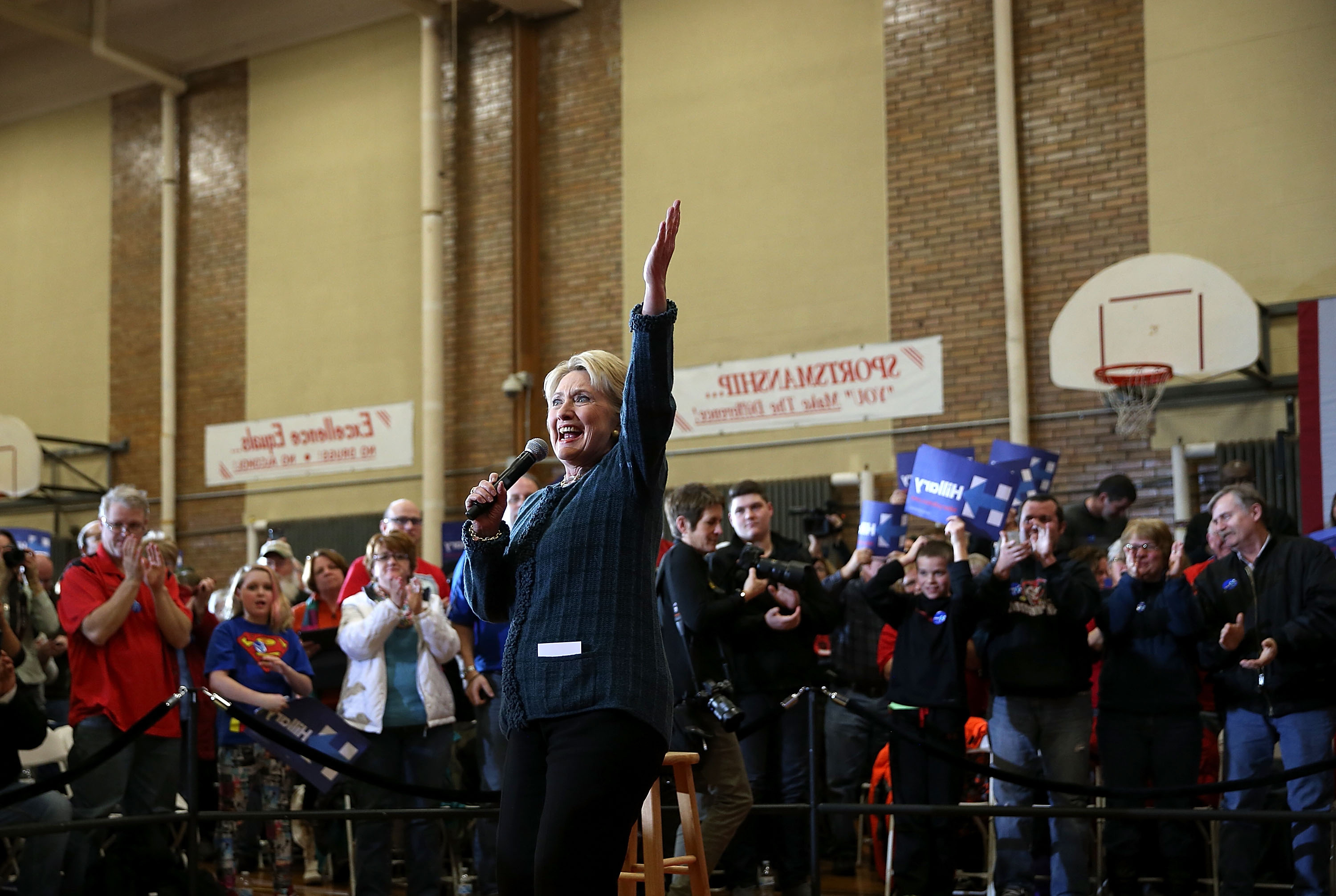 MARSHALLTOWN, IA - JANUARY 26: Democratic presidential candidate former Secretary of State Hillary Clinton speaks during a "get out the caucus" event at BR Miller Middle School on January 26, 2016 in Marshalltown, Iowa. With less than a week to go before the Iowa caucuses, Hillary Clinton is campaigning throughout Iowa. (Photo by Justin Sullivan/Getty Images)