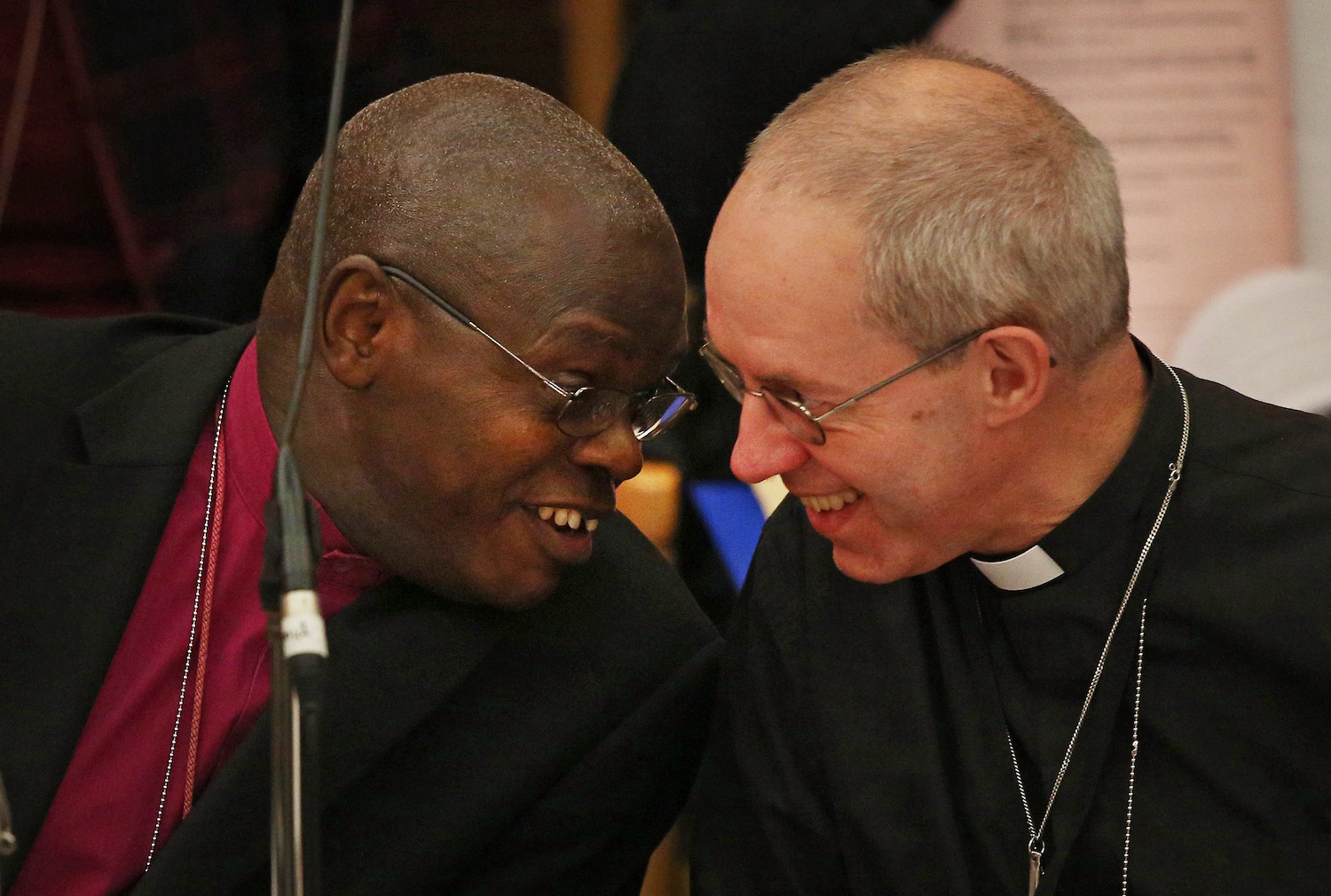 LONDON, ENGLAND - NOVEMBER 20: The Archbishop of York John Sentamu (L) talks to The Archbishop of Canterbury Justin Welby during the General Synod at Church House on November 20, 2013 in London, England. The Church of England's governing body, known as the General Synod, is holding meetings this week where the issue of the ordination of women bishops will be debated. (Photo by Peter Macdiarmid/Getty Images)