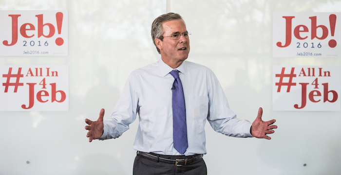 WEST COLUMBIA, SC - JUNE 29: Republican presidential candidate and former Florida Gov. Jeb Bush answers questions from employees of Nephron Pharmaceutical Company June 29, 2015 in West Columbia, South Carolina. Before talking with the employees of the Orlando, Florida based company Bush took a tour of the facility in West Columbia, South Carolina. (Photo by Sean Rayford/Getty Images)