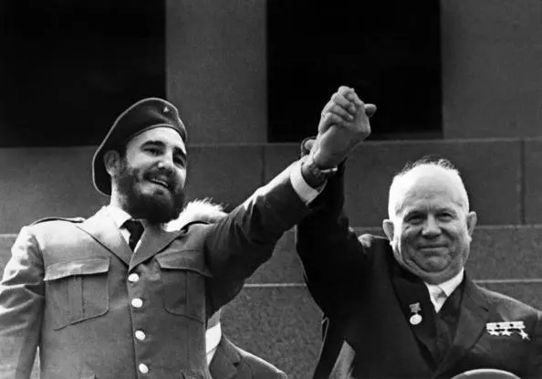 (FILES) Cuban First Secretary of the Cuban Communist party and President of the State Council Fidel Castro (L) is shown in file photo dated May 1963 holding the hand of Soviet leader Nikita Khrushchev during a four-week offical visit to Moscow. Fidel Castro resigned on February 19, 2008 as president and commander in chief of Cuba in a message published in the online version of the official daily Granma. AFP-PHOTO 5 POL CUB AFP/FILES (Photo credit should read OFF/AFP/Getty Images)