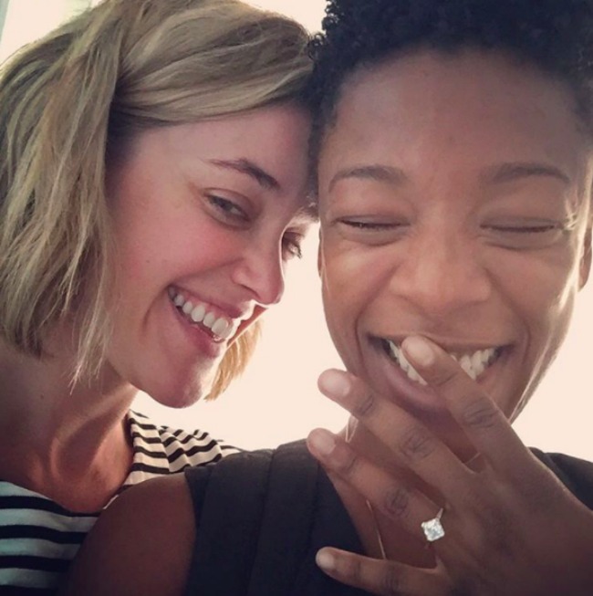 Writer Lauren Morelli and actor and Samira Wiley with ring 