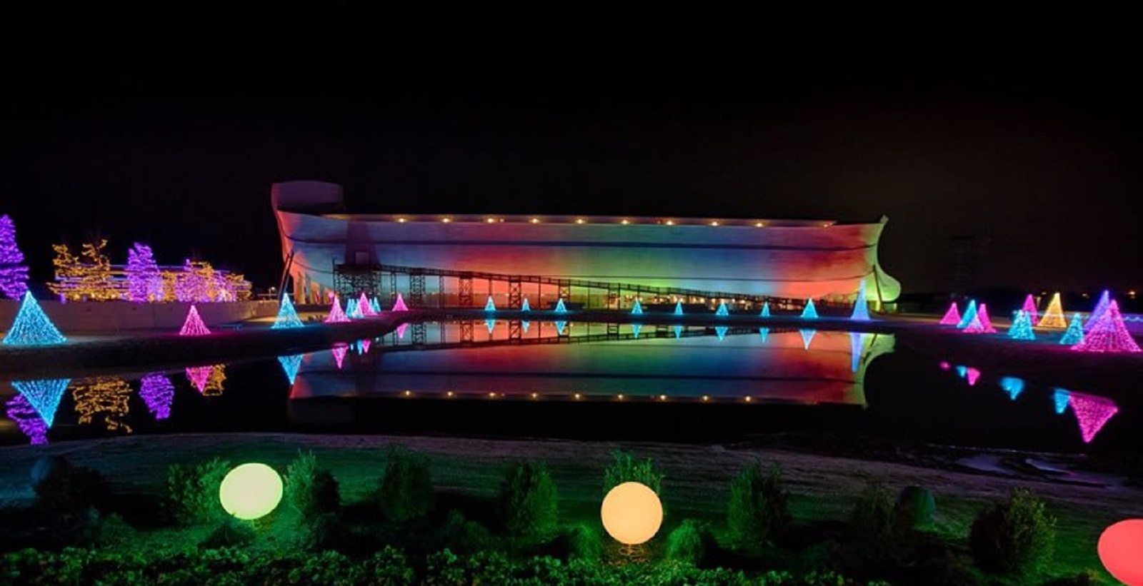 Noah's Ark Park lit up with Rainbow lights