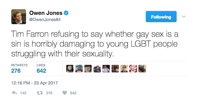 Screenshot of Owen Jones' tweet