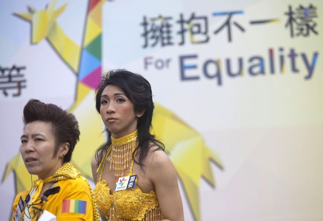 Members of the Lesbian, Gay, Bi-sexual and Transgender (LGBT) community take part in the LGBT parade in Hong Kong on November 6, 2015. Hong Kong's streets were coloured by rainbow flags as protesters marched in the city's annual gay pride parade to call for equality and same-sex marriage. AFP PHOTO / ISAAC LAWRENCE (Photo credit should read Isaac Lawrence/AFP/Getty Images)