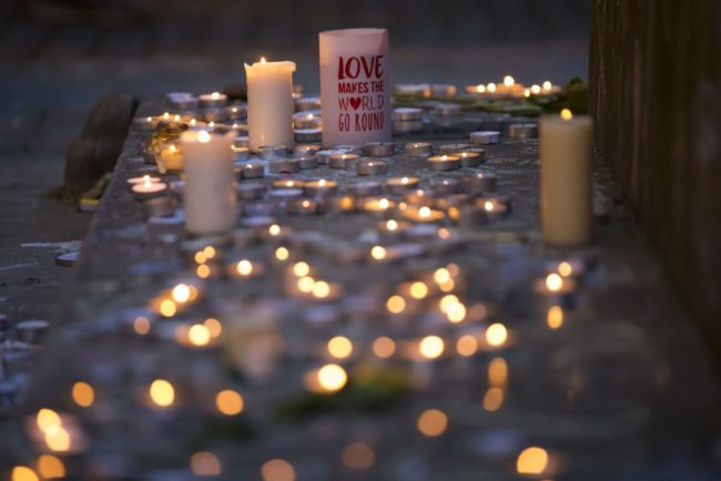 Memorial candles are pictured before a vigil in Manchester on May 29, 2017, placed in tribute to the victims of the May 22 terror attack at the Manchester Arena.