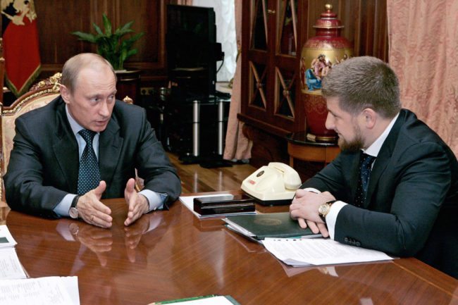 ST.PETERSBURG, RUSSIAN FEDERATION: Russian President Vladimir Putin (L) speaks to Chechen Prime Minister Ramzan Kadyrov during their meeting at the Kremlin in Moscow, 05 May 2006. The pro-Russian prime minister of Chechnya, Ramzan Kadyrov, said 02 May that his militia, accused of conducting a reign of terror, was being reassigned and placed under Russian command. "The structures no longer exist," the Itar-Tass news agency cited Kadyrov as saying about transferring responsibility for the militia which until now was part of the Chechen anti-terrorist unit. AFP PHOTO / ITAR-TASS / PRESIDENTIAL PRESS SERVICE (SERGEI ZHUKOV/AFP/Getty Images)
