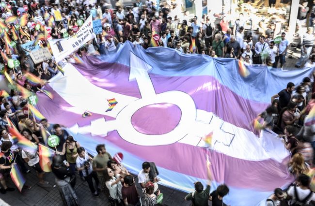 People hold a giant transgender flag during a gay parade on Istiklal Street, the main shopping corridor in Istanbul, on June 22, 2014, during the Trans Pride Parade as part of the Trans Pride Week 2014, which is organized by Istanbul's 'Lesbians, Gays, Bisexuals, Transvestites and Transsexuals' (LGBTT) solidarity organization. AFP PHOTO/BULENT KILIC