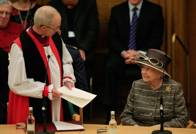 LONDON, ENGLAND - NOVEMBER 24:  The Archibishop of Canterbury the Most Reverend Justin Welby welcomes Queen Elizabeth II to the Tenth General Synod at Church House on November 24, 2015 in London, England.  (Photo by Jonathan Brady - WPA Pool /Getty Images)