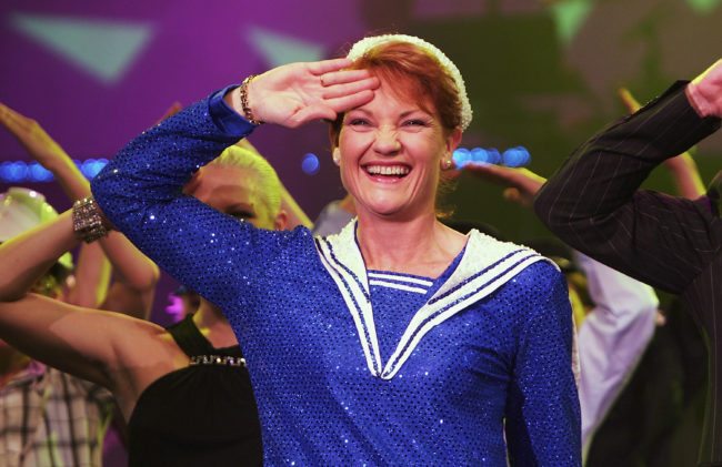 SYDNEY, NSW - JUNE 09: Politician Pauline Hanson performs during a photo call to promote "Todd McKenney Live" at the Star City Showroom on June 09, 2005 in Sydney, Australia. (Photo by Patrick Riviere/Getty Images)