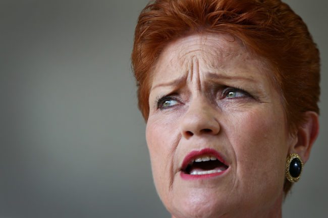 SUNSHINE COAST, AUSTRALIA - DECEMBER 08:  Senator Pauline Hanson speaks with the media and local taxi owners at Suncoast Cabs head office on December 8, 2016 in Sunshine Coast, Australia. Senator Hanson met with representatives from the Queensland taxi industry to discuss their concerns such as ride-sharing app Uber, which taxi licensees say is putting the industry in decline. Uber and other ride-sharing services have been legal in Queensland since September 2016.  (Photo by Lisa Maree Williams/Getty Images)