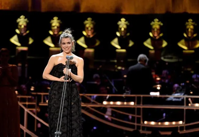 LONDON, ENGLAND - APRIL 09:  Billie Piper accepts the Best Actress award on stage during The Olivier Awards 2017 at Royal Albert Hall on April 9, 2017 in London, England.  (Photo by Jeff Spicer/Getty Images)