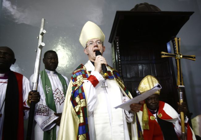 Archbishop of Canterbury, Justin Welby, speaks during a ceremony in Khartoum's All Saints Cathedral on July 30, 2017.  Welby declared Sudan as the 39th province of the worldwide Anglican Communion and installed Ezekiel Kondo Kumir Kuku as the country's first archbishop and primate during the ceremony which was attended by American, European and Afrian diplomats, and hundreds of worshippers. / AFP PHOTO / ASHRAF SHAZLY        (Photo credit should read ASHRAF SHAZLY/AFP/Getty Images)