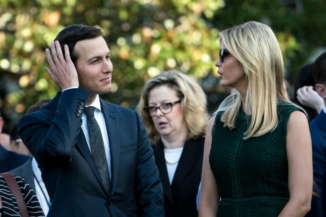 Senior Advisor Jared Kushner and Ivanka Trump wait on the South Lawn of the White House during a memorial service for the 9/11 terrorist attacks September 11, 2017 in Washington, DC. / AFP PHOTO / Brendan Smialowski (Photo credit should read BRENDAN SMIALOWSKI/AFP/Getty Images)