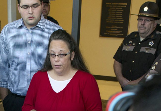 MOREHEAD, KY - SEPTEMBER 14:   Rowan County clerk Kim Davis gives a statement  about  her intentions on applying her signature to same sex marriage licenses on her first day back to work, after being released from jail last week, at the Rowan County Courthouse September 14, 2015 in Morehead, Kentucky. Davis was jailed for disobeying a judges order for denying marriage licenses to gay couples on the basis of her religious faith. (Photo by Ty Wright/Getty Images)